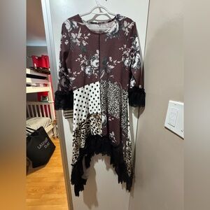 Mixed Media Burgundy, Polka Dot, Leopard, Black Lace Sleeve Print Top